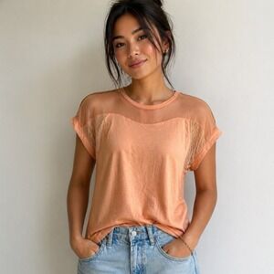 Vintage NAF NAF Peach Mesh Panel Top - Sheer Shoulder Short Sleeve Tee Sz S/M